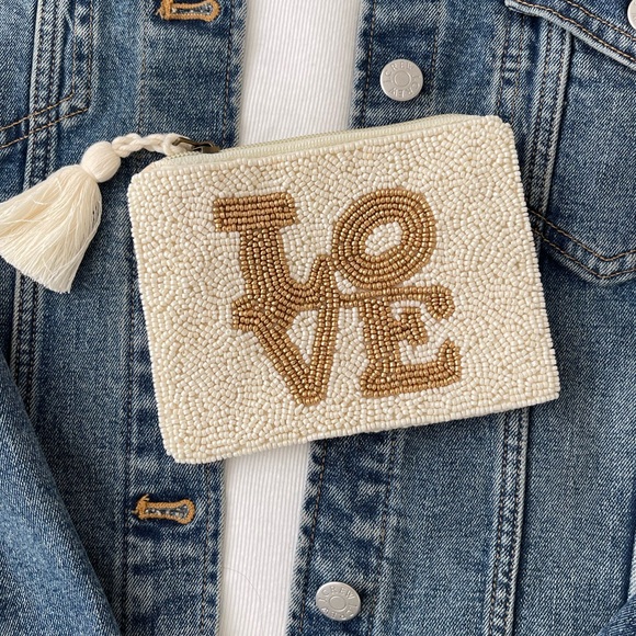 LOVE Coin Pouch Seed Bead Coin Pouch Beaded Coin Bag Beaded Coin Purse Ivory - Picture 2 of 6